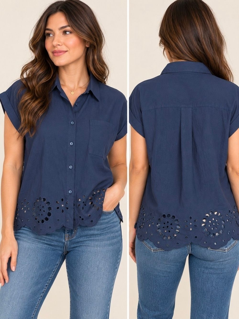 Liv Los Angeles Navy Eyelet Hem Button-Up Shirt - Women's Top Size M NWT